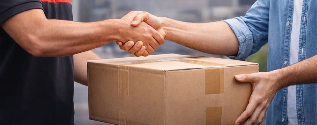 Entregador da Ligeirinho entregando uma encomenda em mãos
